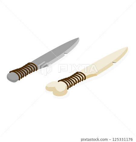 3D Isometric Flat Vector Set of Primal Stone Age Tools, Prehistoric Weapons. Item 2 3D Isometric Flat Vector Set of Primal Stone Age Tools, Prehistoric Weapons. Item 2 125331176
