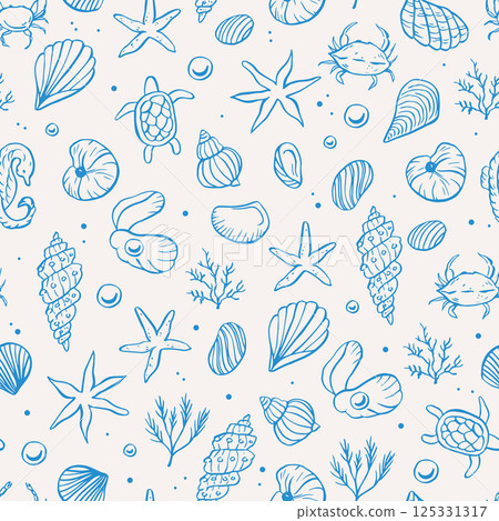Sea life doodle hand drawn seamless pattern. Ocean life vector illustrations Sea life doodle hand drawn seamless pattern. Ocean life vector illustrations 125331317