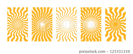 Yellow sun rays backgrounds set. Wavy rays in groovy style. Abstract sun burst poster. Psychedelic texture. 70s, 80s design. Radial wave lines. Vector illustration isolated on white background Yellow sun rays backgrounds set. Wavy rays in groovy style. Abstract sun burst poster. Psychedelic texture. 70s, 80s design. Radial wave lines. Vector illustration isolated on white background 125331339