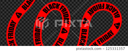 Black Friday Sale Banner Tape With Warning Sign On Transparent Background. Red Danger Ribbon For Discount Promotion, Online Shopping, And Ecommerce Advertising Design. Vector Illustration. Black Friday Sale Banner Tape With Warning Sign On Transparent Background. Red Danger Ribbon For Discount Promotion, Online Shopping, And Ecommerce Advertising Design. Vector Illustration. 125331357