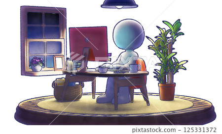 Watercolor pictogram 3DCG-transparent background for desk work at home at night Watercolor pictogram 3DCG-transparent background for desk work at home at night 125331372