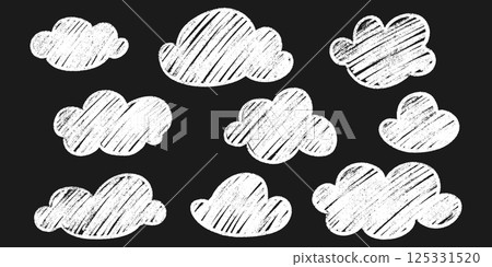 Chalk clouds kid drawing set white artistic handwritten style outlines drawn crayon on blackboard. Childish shapes sketch brushed grunge texture doodle naive elements collection. Chalk clouds kid drawing set white artistic handwritten style outlines drawn crayon on blackboard. Childish shapes sketch brushed grunge texture doodle naive elements collection. 125331520