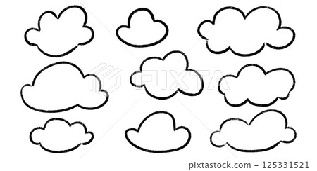 Kid crayon clouds set - various cute simple shapes outlines drawn by hand. Isolated black line cartoon doodle sketch elements on white background. Children drawing style clipart for childish design. Kid crayon clouds set - various cute simple shapes outlines drawn by hand. Isolated black line cartoon doodle sketch elements on white background. Children drawing style clipart for childish design. 125331521