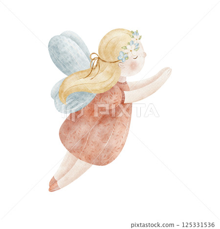 Watercolor illustrations fairy girl in wreath of flowers, flying in red dress. Hand-drawn picture on isolated background in a cartoon style for of cards, posters, invitations for a birthday, holiday 125331536