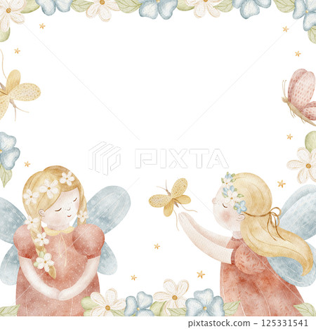 Frame watercolor illustration fairy girl catching butterflies in flowers. Hand drawn template in children's style isolated on background for design of invitations, holiday, postcard, baby's birthday 125331541