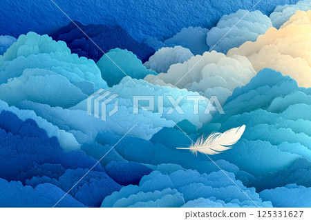 雲海中漂浮的白色羽毛，柔軟質感的抽象藍色背景 125331627