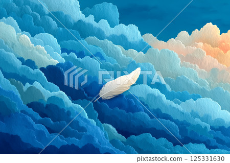 雲海中漂浮的白色羽毛,柔軟質感的抽象藍色背景 雲海中漂浮的白色羽毛,柔軟質感的抽象藍色背景 125331630