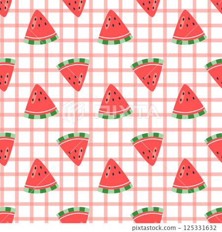 Seamless watermelon pattern with gingham background in cute hand drawn style 125331632