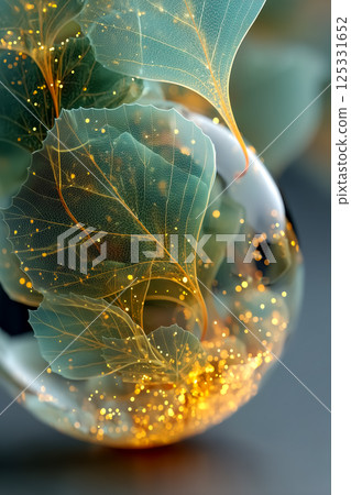 透明球體和葉子設計材料、閃耀的光芒和綠色生態形象 透明球體和葉子設計材料、閃耀的光芒和綠色生態形象 125331652