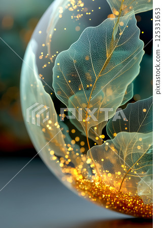 Transparent sphere and leaf design material, shining light and green eco image 125331653