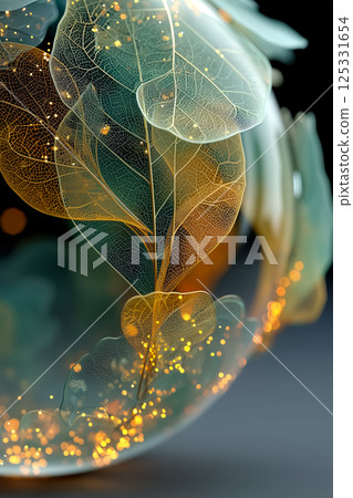 透明球體和葉子設計材料、閃耀的光芒和綠色生態形象 125331654