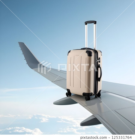 inspiring journey begins with luggage on wing and open sky for use in airline branding or travel startup materials 125331764