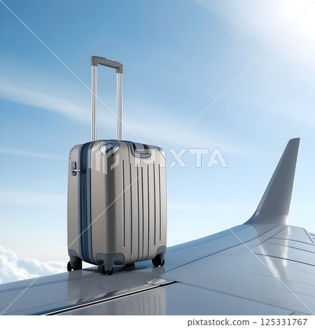 air travel concept with luggage on wing and sky background for use in global tourism websites or editorial visuals 125331767