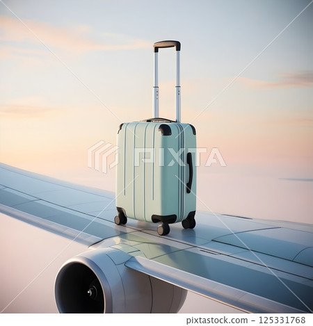airplane wing and suitcase under clear sky inspiration for use in freedom themed promotions or lifestyle designs 125331768