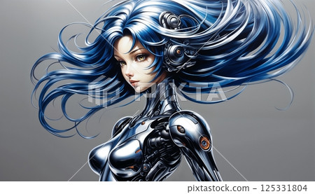 lonely dreamy android with blue hair and gentle pose for futuristic art lonely dreamy android with blue hair and gentle pose for futuristic art 125331804