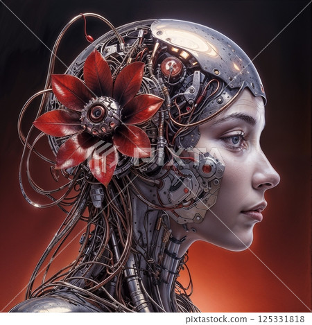 artificial intelligence portrait with wires and metal details for high tech illustration 125331818