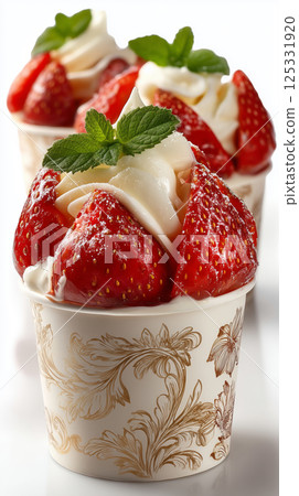 Delightful strawberry desserts served in elegant cups with whipped cream 125331920