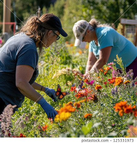 People working together to create a butterfly-friendly garden, with colorful flowers attracting butterflies, soft reflections and shadows, in a sunny, eco-friendly setting People working together to create a butterfly-friendly garden, with colorful flowers attracting butterflies, soft reflections and shadows, in a sunny, eco-friendly setting 125331973