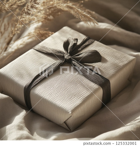 Photo of a present wrapped in textured paper with a ribbon on a soft background, featuring warm tones that create a cozy and sophisticated atmosphere 125332001