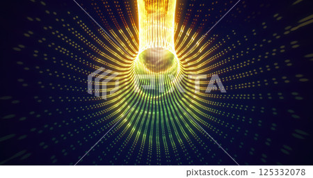 Golden particles forming a luminous vortex tunnel in a dark setting, symbolizing energy, movement, and futuristic concepts 125332078