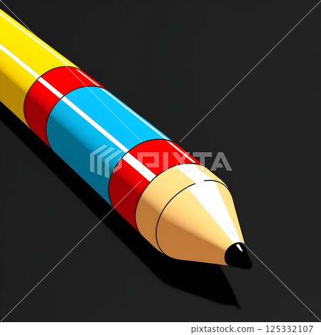 colorful cartoon style pencil with glossy surface and bold design on black background for use in playful educational content or design projects 125332107