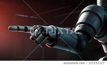 mechanical arm gesture in dark factory inspired setting with red orange lighting for use in industrial innovation campaigns mechanical arm gesture in dark factory inspired setting with red orange lighting for use in industrial innovation campaigns 125332127