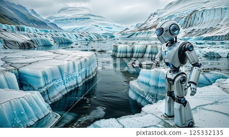 deep fractured glacier melting into dark sea with robot for use in global warming visual materials 125332135