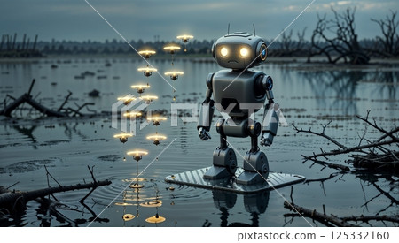 grim polluted landscape with oil contamination and robotic presence for use in projects about industrial pollution 125332160