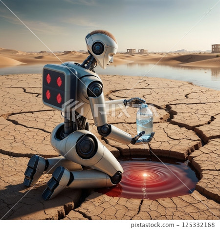 dried earth and water shortage in desert landscape with robot symbolizing climate change for environmental campaigns 125332168