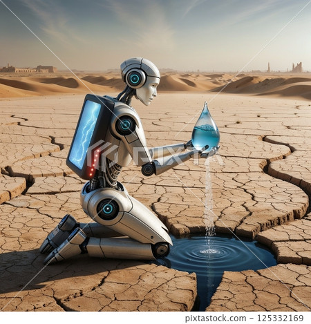ecological disaster in desert with cracked ground and robot holding last drop of water for use in environmental education ecological disaster in desert with cracked ground and robot holding last drop of water for use in environmental education 125332169