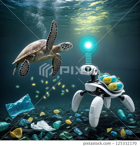 underwater plastic pollution with real and robotic turtle surrounded by waste for use in educational projects on environmental awareness and ocean conservation underwater plastic pollution with real and robotic turtle surrounded by waste for use in educational projects on environmental awareness and ocean conservation 125332170