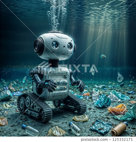 underwater pollution with robot carrying algae capsules for use in environmental campaigns or educational materials about water contamination underwater pollution with robot carrying algae capsules for use in environmental campaigns or educational materials about water contamination 125332171