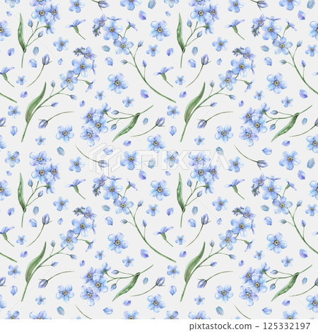 Blue spring forget-me-not flowers with green leaves. Delicate botanical watercolor seamless pattern on gray background, suitable for eco-branding, packaging, cards, wedding designs, botanical prints. 125332197
