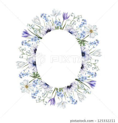 Oval flower frame of forget-me-nots, white and purple crocuses, lilies of the valley and anemones. Watercolor frame is suitable for eco-branding, packaging, cards, wedding designs, botanical projects. Oval flower frame of forget-me-nots, white and purple crocuses, lilies of the valley and anemones. Watercolor frame is suitable for eco-branding, packaging, cards, wedding designs, botanical projects. 125332211