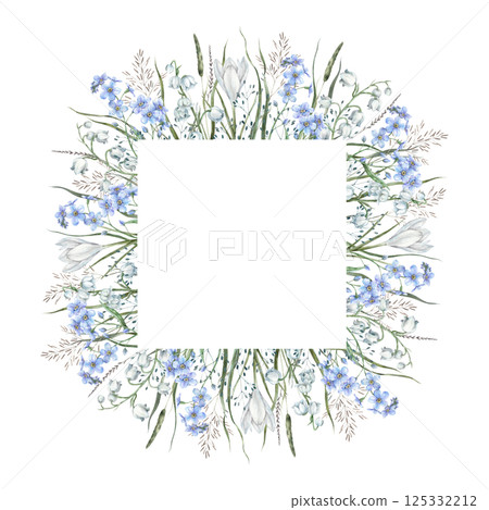 Floral square frame of blue delicate forget-me-nots, white crocuses, lilies of the valley and forest green and dry herbs. Watercolor botanical frame for wedding invitations, cards, floral packaging. 125332212