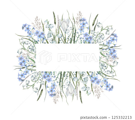 Floral rectangular frame of blue delicate forget-me-nots, white crocuses, lilies of the valley and forest green and dry herbs. Watercolor botanical frame for wedding invitations, cards, branding. 125332213
