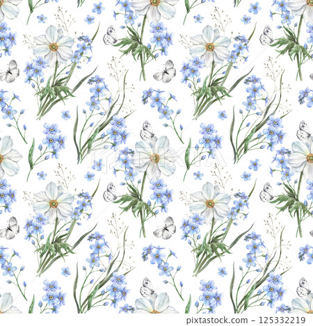 Blue forget-me-nots, white anemones, forest grass and butterflies. Botanical watercolor seamless pattern on a white background. For various holidays and wedding industry, floral packaging, textiles. Blue forget-me-nots, white anemones, forest grass and butterflies. Botanical watercolor seamless pattern on a white background. For various holidays and wedding industry, floral packaging, textiles. 125332219