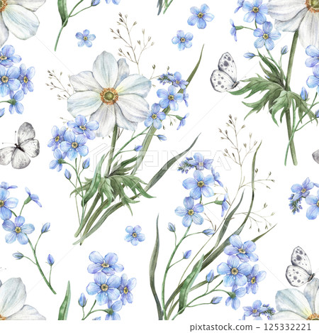 Blue forget-me-nots, white anemones, forest grass and butterflies. Botanical watercolor seamless pattern on a spring theme. For various holidays and wedding industry, floral packaging, cards, textiles 125332221
