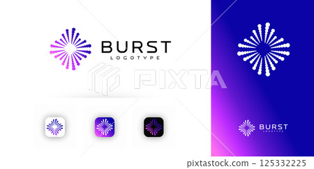 Burst logo with radial dotted explosion. Abstract vibrant symbol for tech, festival, audio, visual media, fireworks or creative app branding. Dynamic gradient vector illustration. 125332225