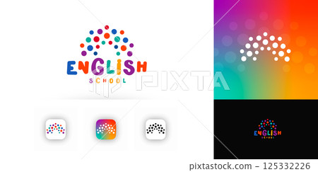 Colorful English school logo for kids. Fun vibrant lettering with rainbow dots for preschool, language classes, learning app, early education brand. Playful vector logotype. Colorful English school logo for kids. Fun vibrant lettering with rainbow dots for preschool, language classes, learning app, early education brand. Playful vector logotype. 125332226