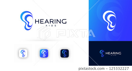 Hearing aids logo, ear icon with abstract sound waves. Medical audiology branding, identity design for healthcare clinic, assistive tech, mobile app. Vector illustration. Hearing aids logo, ear icon with abstract sound waves. Medical audiology branding, identity design for healthcare clinic, assistive tech, mobile app. Vector illustration. 125332227