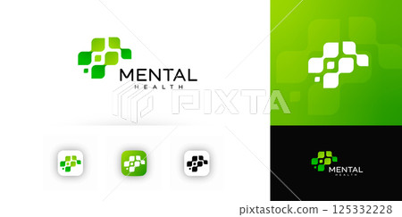 Mental health logo design. Abstract green symbol of brain, support, care for clinic, counseling center, wellness app, digital therapy brand. Modern clean vector illustration. 125332228