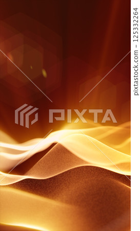 Bright orange abstract wave flowing in soft focus with glowing light streaks on a dark background 125332264