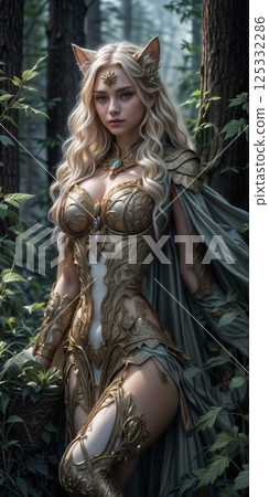 fantasy female character with long blonde hair and cat ears in intricate golden armor standing in a misty lush forest for book covers character design and fantasy illustrations fantasy female character with long blonde hair and cat ears in intricate golden armor standing in a misty lush forest for book covers character design and fantasy illustrations 125332286