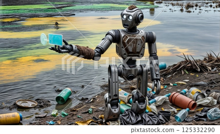 toxic waste and oil spills in nature with a robot signaling environmental danger for eco friendly projects science research and awareness campaigns toxic waste and oil spills in nature with a robot signaling environmental danger for eco friendly projects science research and awareness campaigns 125332290