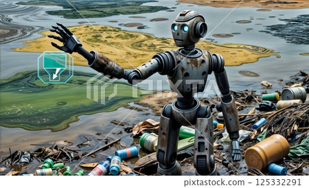 climate crisis with industrial pollution and robot warning about ecological destruction for sustainability reports green energy discussions and environmental activism climate crisis with industrial pollution and robot warning about ecological destruction for sustainability reports green energy discussions and environmental activism 125332291