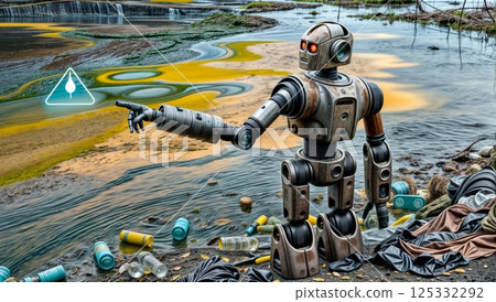 nature contamination with floating garbage and robotic figure pointing at ecological problems for environmental protection initiatives and waste management programs 125332292