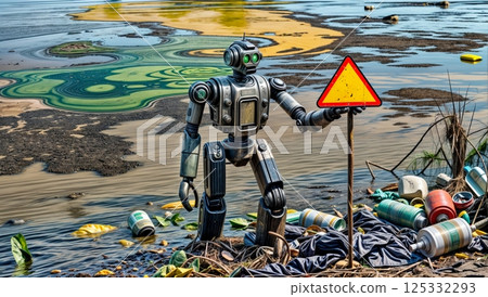 global pollution issue with robot in a dystopian landscape full of toxic waste for climate change documentaries ecological studies and sustainability forums 125332293