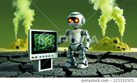 ecological disaster with sad robot and toxic gas emissions for use in environmental awareness campaigns or editorial illustrations 125332325