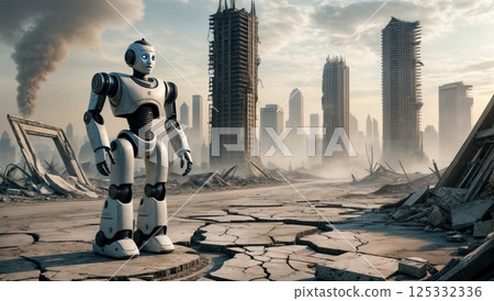 ecological disaster aftermath with lonely robot among empty broken skyscrapers 125332336